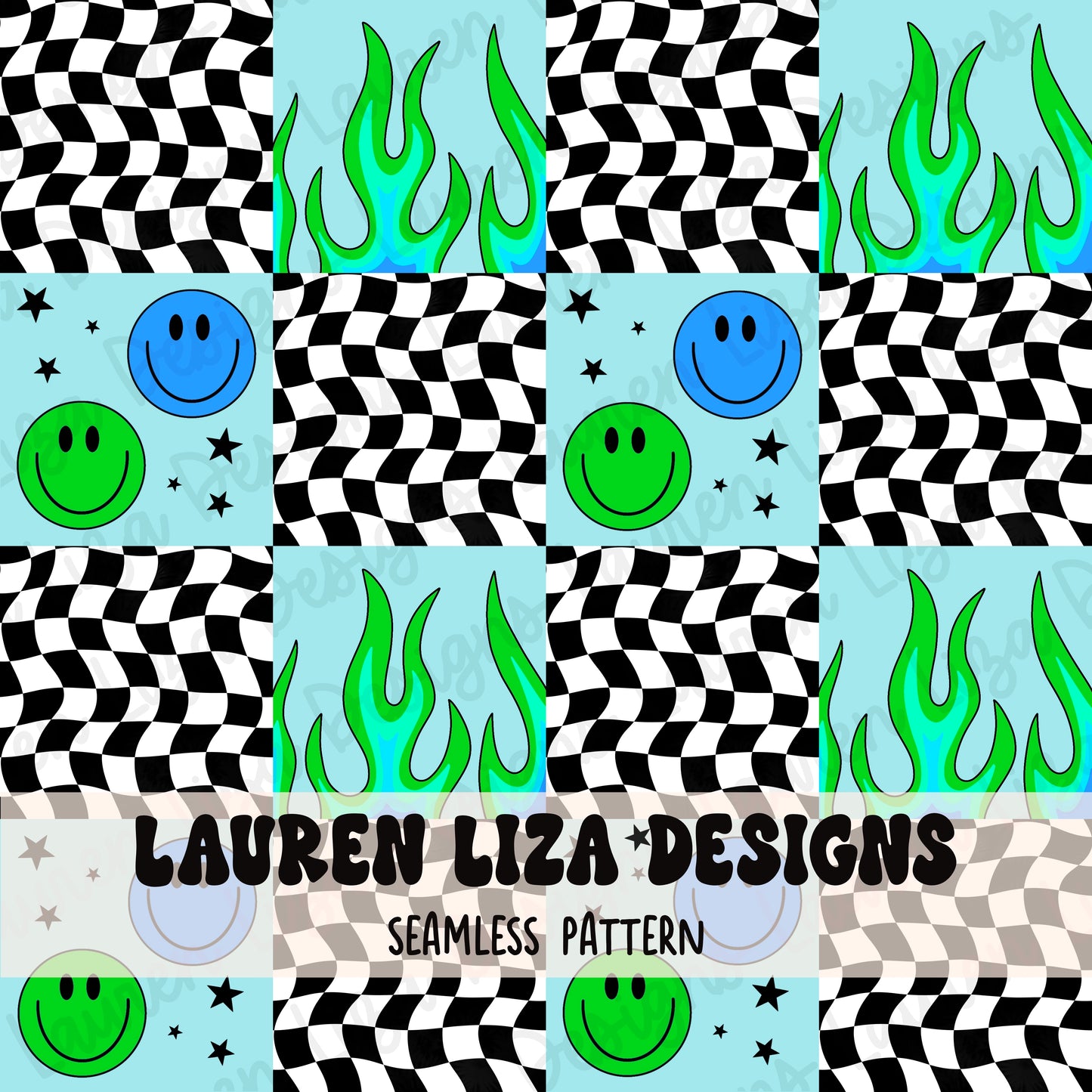 Checkers with Blue and Green Flames and Smileys