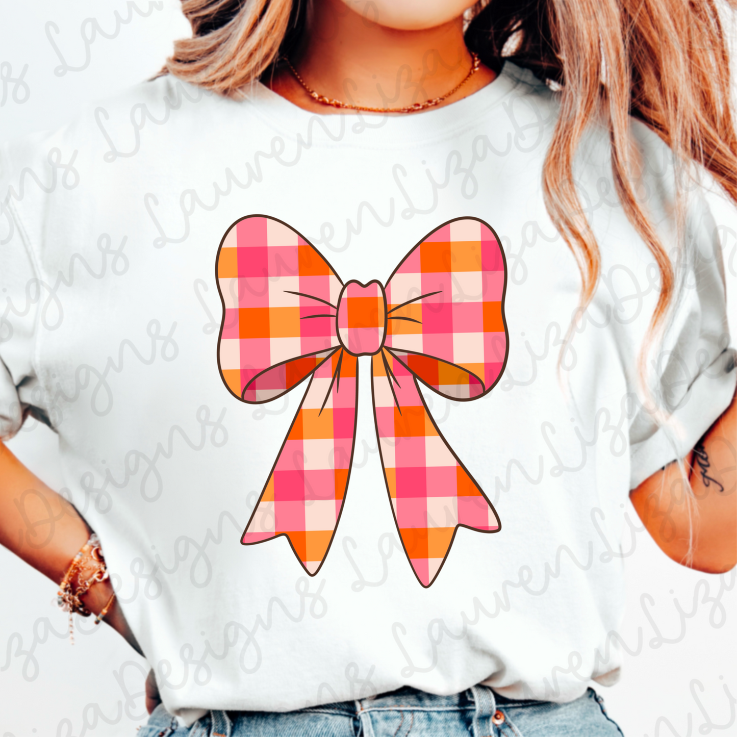 Pink and Orange Gingham Bow PNG (Coordinates with Bright Autumn Wavy Stripes)