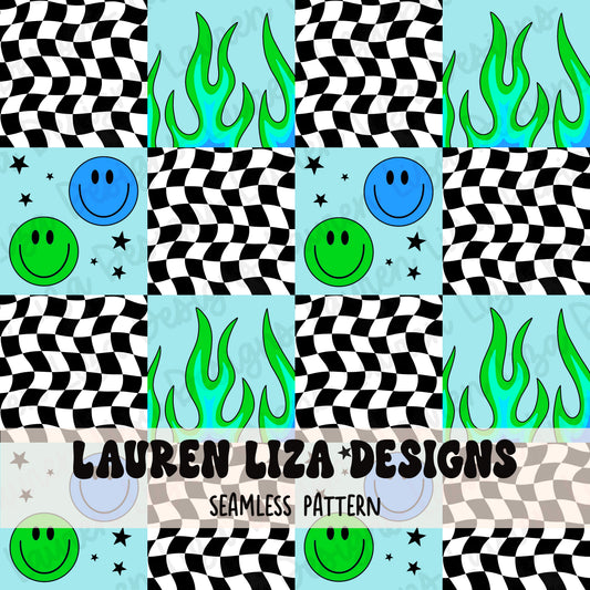 Checkers with Blue and Green Flames and Smileys
