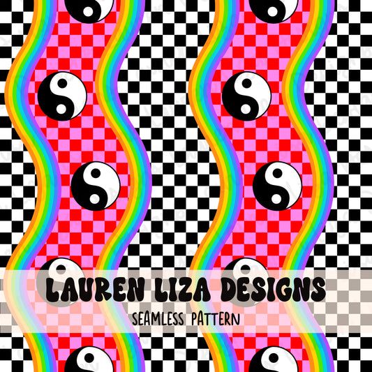 Checkers with Wavy Rainbow Stripes and Yin Yangs