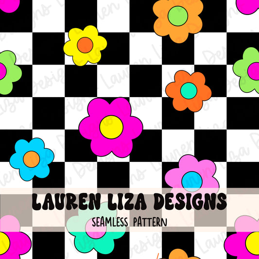 Rainbow Daisies on Black Checkers