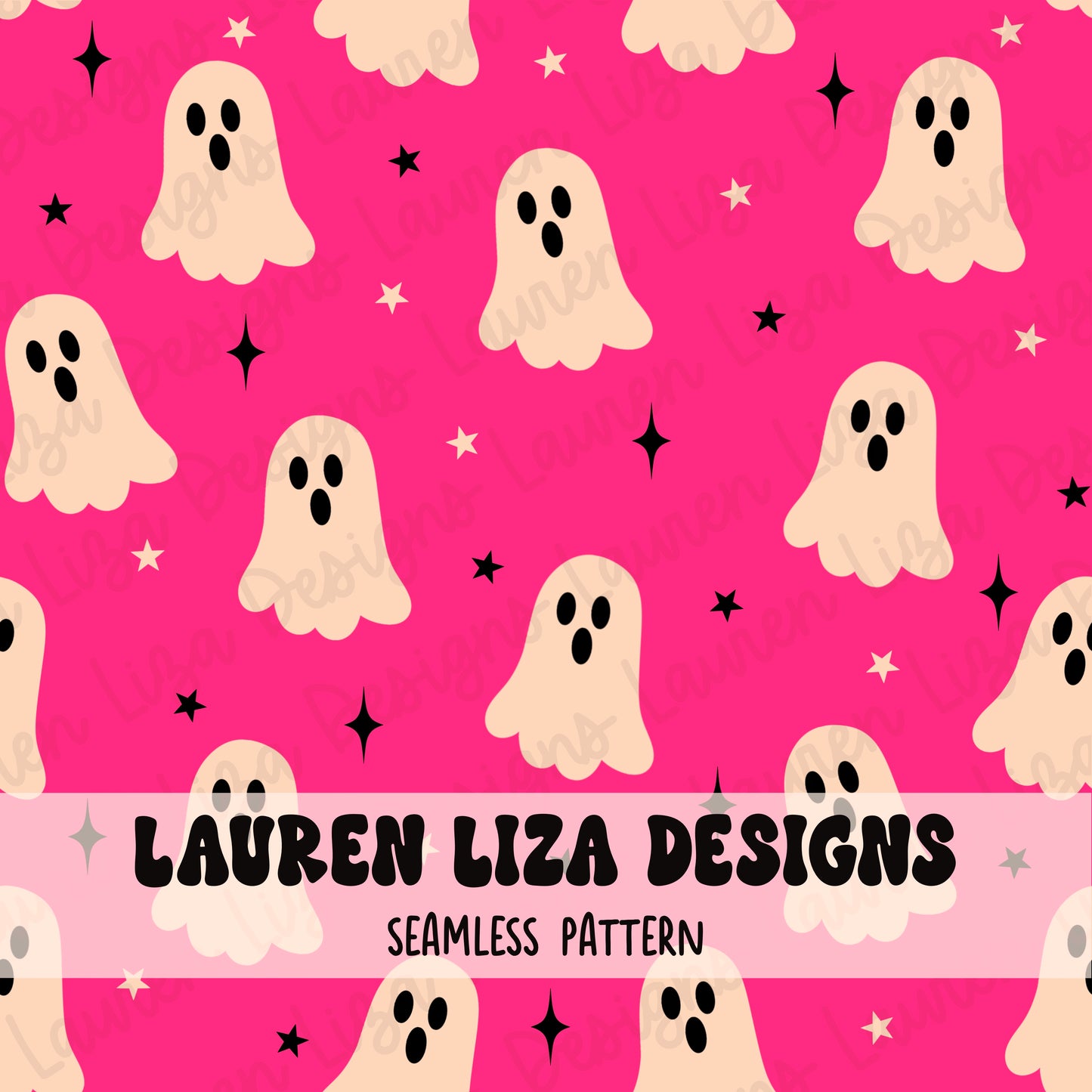 Ghosts on Pink Background (Coordinates with Retro Halloween Wavy Stripes)