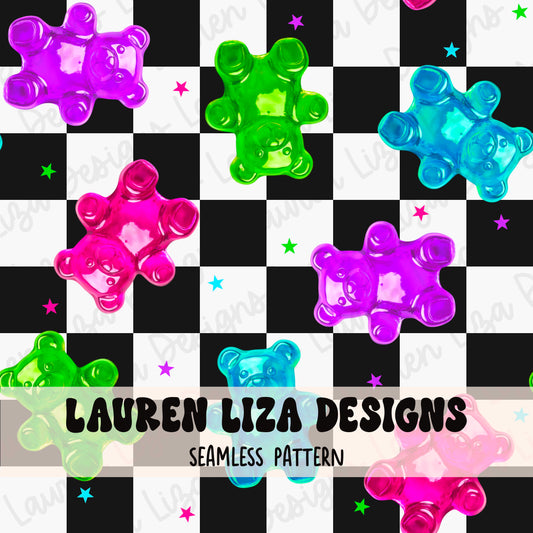 Neon Gummy Bears on Checkers