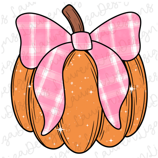 Pumpkin with Pink Plaid Bow PNG