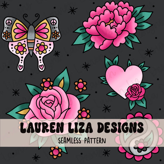 Retro Tattoo Sheet with Dark Gray Background