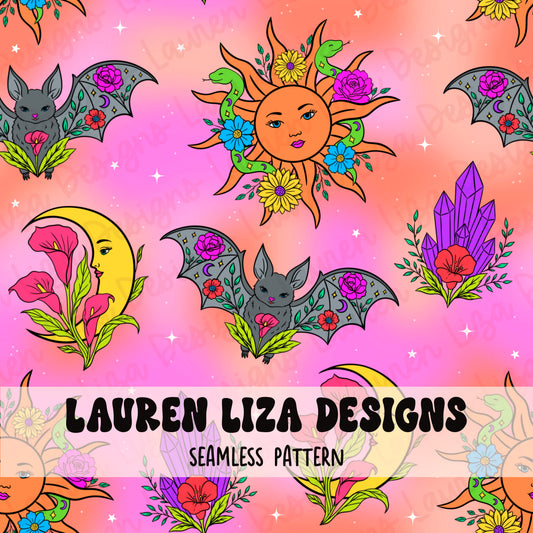 Bat Celestial with Snake Sun on Bright Background